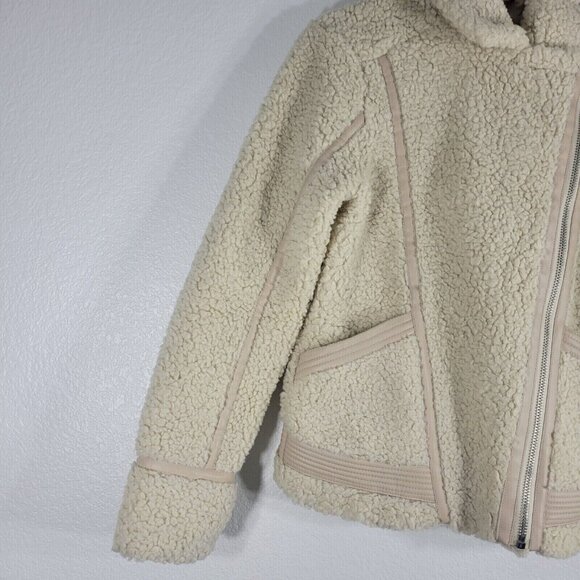 Abercrombie and Fitch Fleece Moto Jacket Women Small Faux Leather Trim Beige - Picture 4 of 13